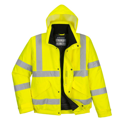 Portwest S463 Men's Hi-Vis Winter Bomber Jacket Waterproof Safety Cold Protection EN342 Certified Reflective Tape Texpel Eco Fabric Multiple Pockets Pack Away Hood, Yellow, L