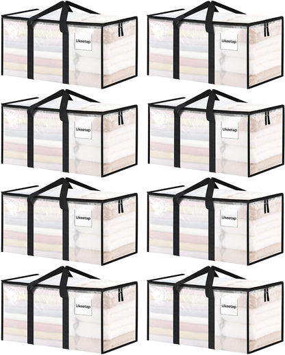 8 Pack Extra Large Heavy Duty Moving Bags, Clear Storage Bins with Lids, Reinforced Handles & Heavy-Duty Zippers Moving Boxes Storage Bags Totes for Clothes Packing, Dorms, College Supplies, Clear