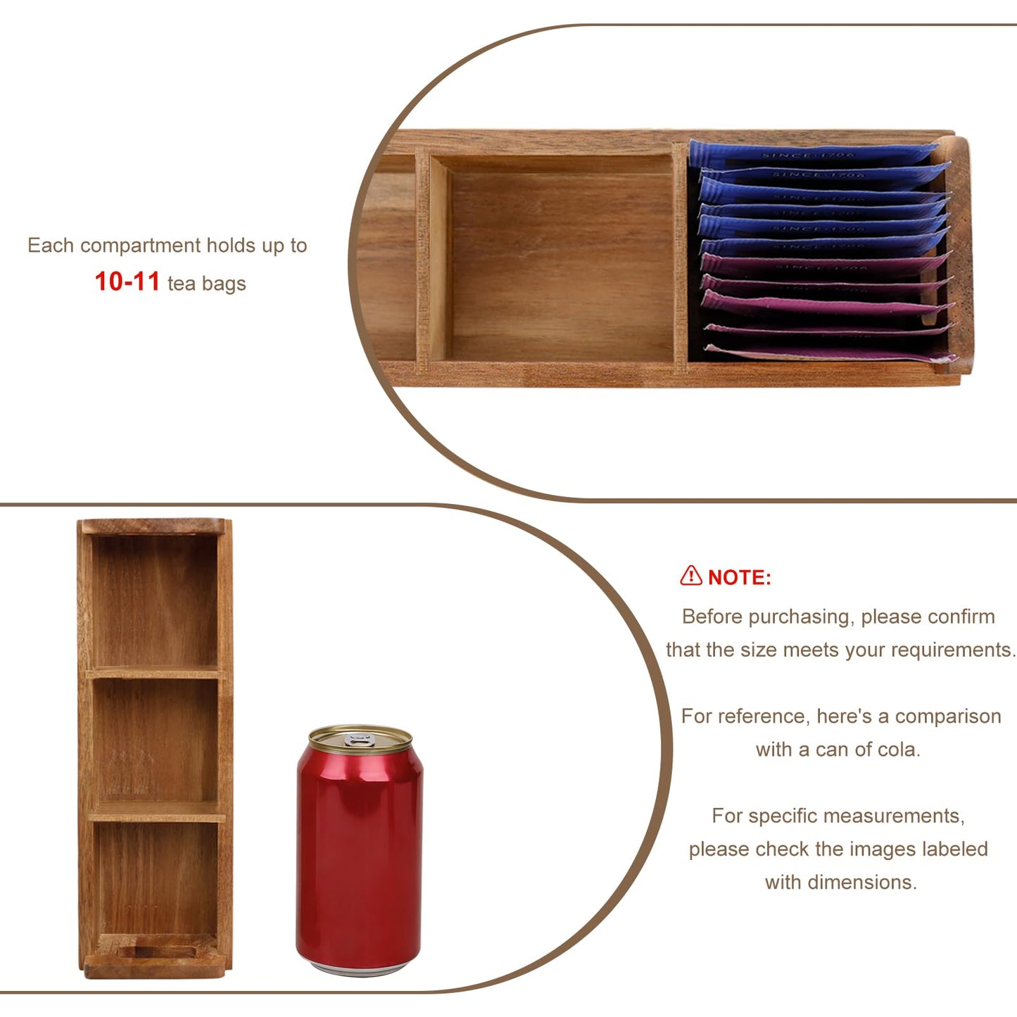 HTB Small Tea Bag Box Wooden, 3 Compartments Acacia Wood Tea Bag Chest with Handle, Mini Countertop Divided Storage Container for Beverage Supplies, Sugar, Sweeteners, Individual Packets