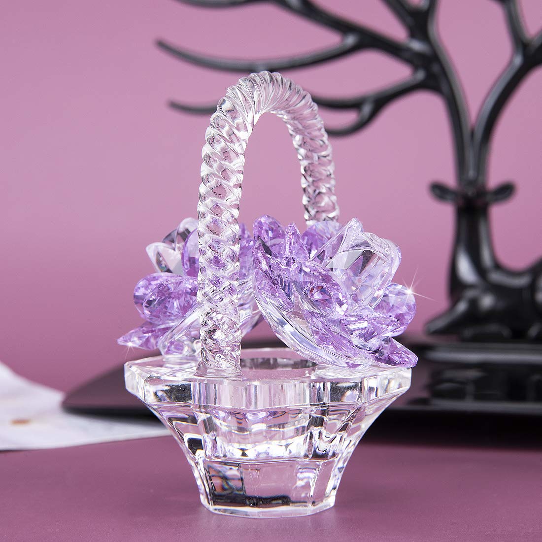 H&D HYALINE & DORA Crystal Flower Basket Figurine Purple Glass Ornament