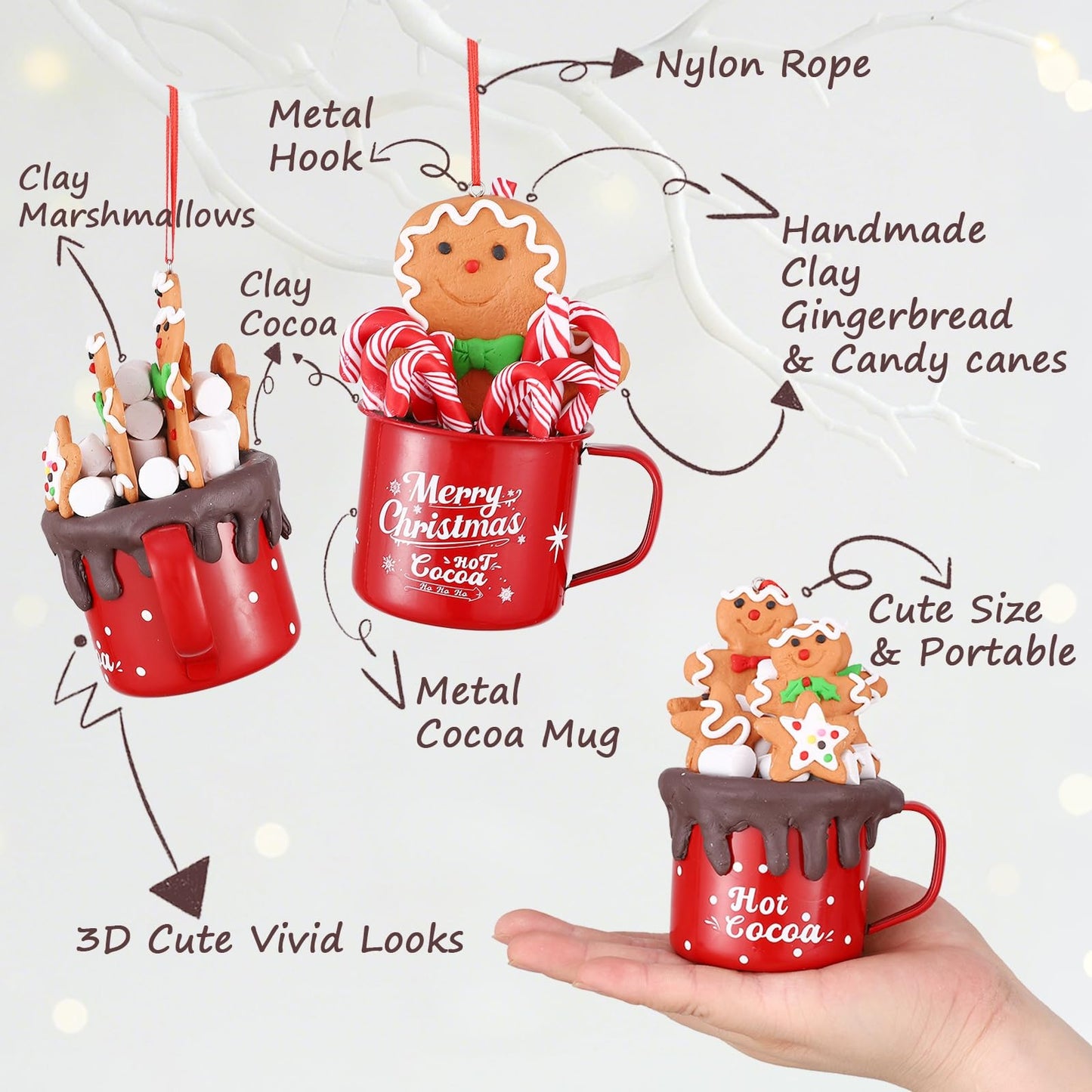 Cute Christmas Gingerbread Hanging Ornaments,2Pcs Mini Red Hot Cocoa Mugs with Handmade Clay Gingerbread Man Cookies,Chocolate,Marshmallows,Candy Canes for Winter Holiday Party Xmas Tree Decorations