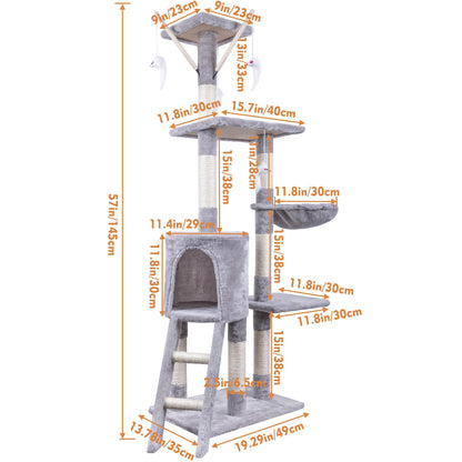 Cat Tree, 145cm Cat Scratching Post Multi-Level Stable Climbing Tower with Ladder, Indoor Pet Activity Furniture Play House for Kitty Kitten