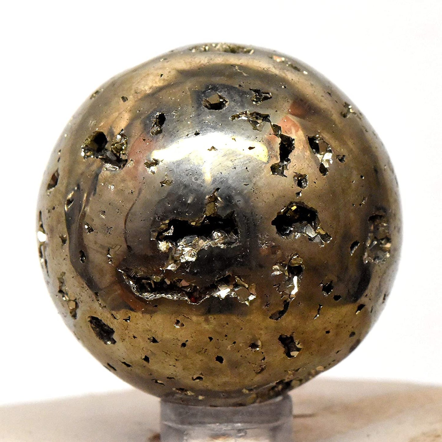 HQRP 46mm Golden Iron Pyrite Sphere Polished Natural Sparkling Gemstone Cubes Druzy Crystal Mineral Geode Cluster Ball - Peru + Stand (1PC)