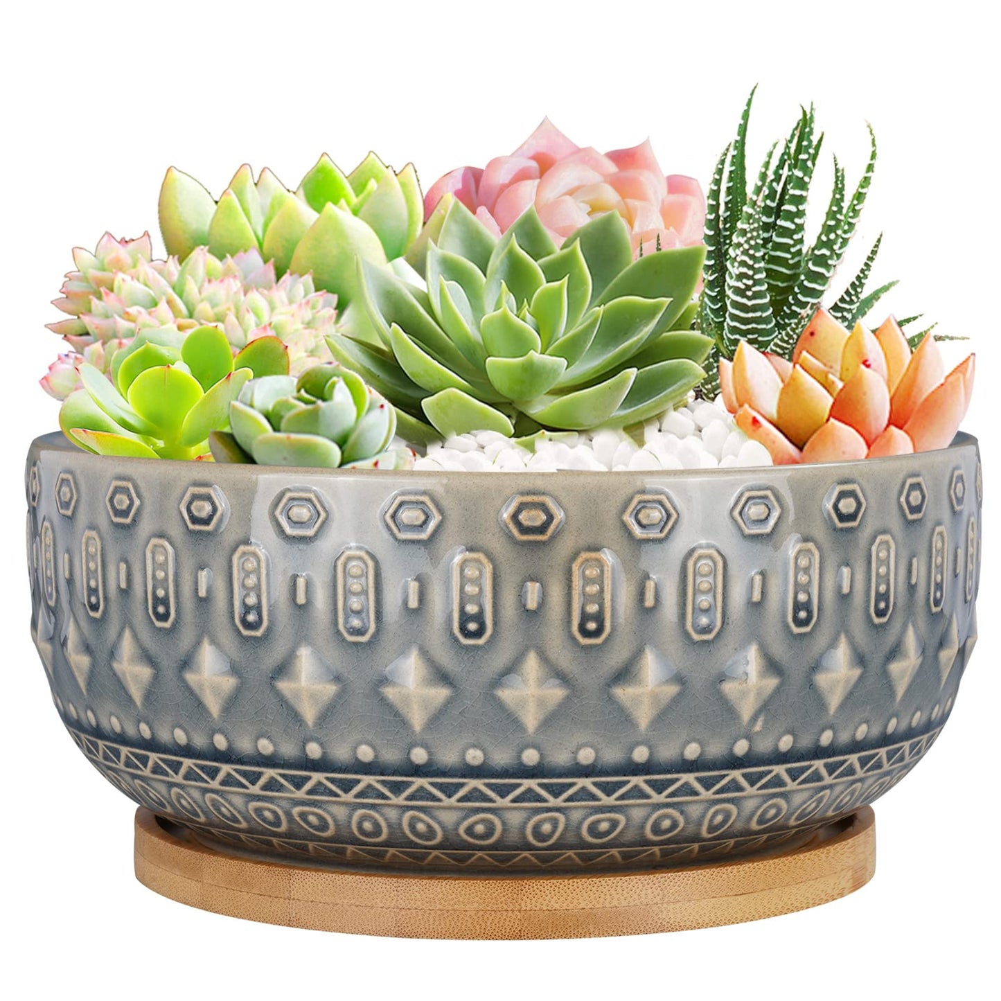 8 Inch Ceramic Succulent Planter Pots with Drainage Hole Flower Pot for Indoor Plants Round Shallow Bonsai Pot with Bamboo Tray Blue