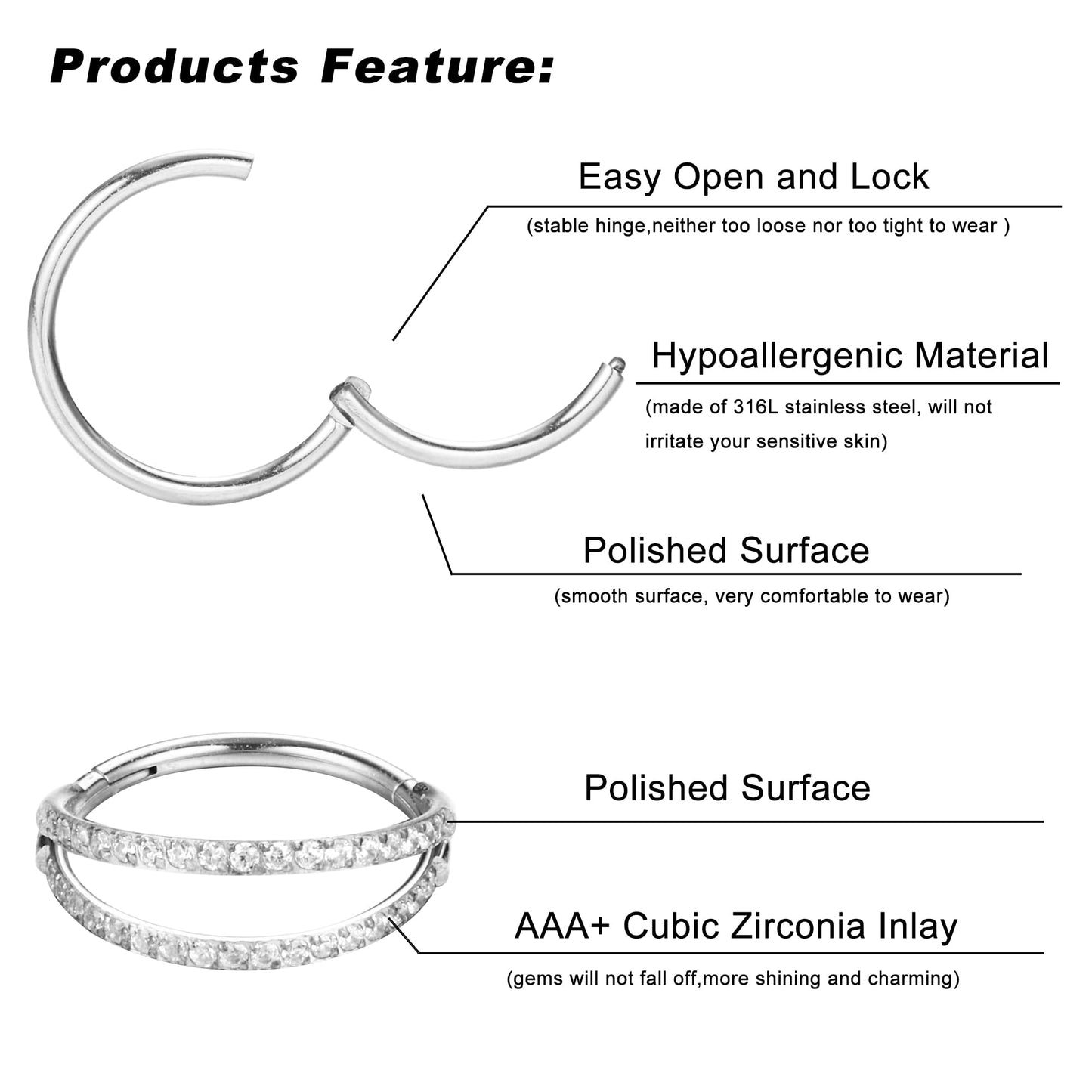 Dochais 4 Pieces Nose Ring 18G, Septum Ring Clicker, Nose Ring Stainless Steel, Septum Piercing Jewellery, Daith Piercing Hoop for Women Men Silver 8mm