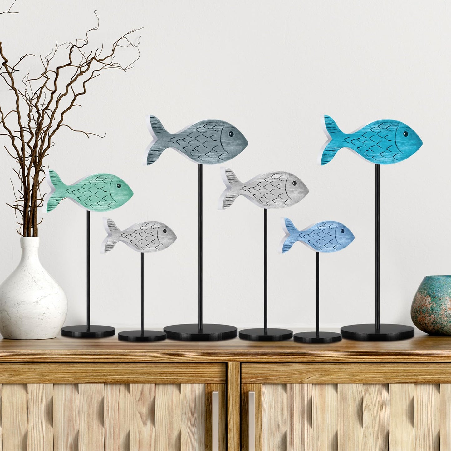 Geetery 6 Pcs Wooden Fish Table Decor Summer Ocean Tabletop Centerpiece Sea Animal Standing Sign Rustic Wood Fish Home Decor Coastal Beach Figurines Block for House Office(Classic Style)