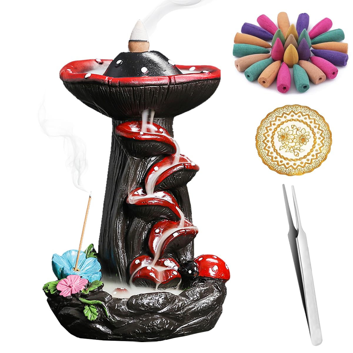 Mushroom Backflow Incense Holder, Resin Aromatherapy Decor with Smoke Cascade Effect for Home Relaxation, Meditate Stress Relief Waterfall Incense Burner Fountain with Cones Zen Room Decor