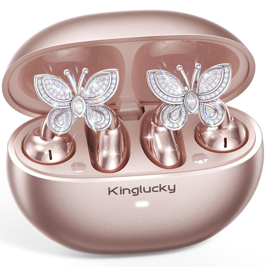 Kinglucky ClipFree Open-Ear Headphones with Butterfly Earrings, Ultra-Comfort & Snug Fit Clip On Earbuds, 50H Playtime Bluetooth 6.0 Wireless Headphones for Women Sports,Glasses Gifts (Rose Gold)