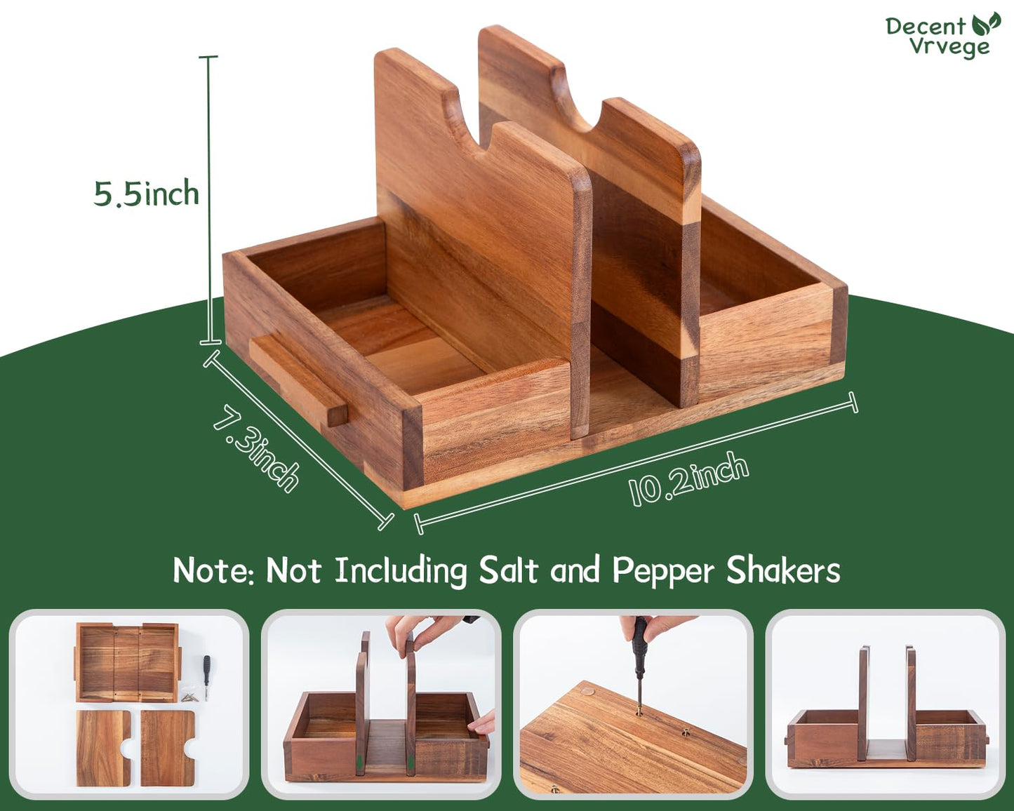 Decent Vrvege Napkin Holder, Napkin Holders with Built-in Salt Pepper Shakers Caddy, Acacia Wood Napkins Dispenser for Dining Table Countertop, Upright Paper Stand - Keep Your Kitchen Tidy & Organized