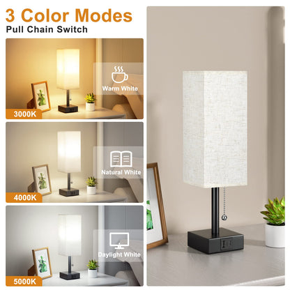 Aooshine Bedside Lamps, Table Lamp with USB C+A Charging Ports, Small Lamp with 3-Color Modes with Pull Chain, Bedroom Lamps with Beige White Fabric Shade(LED Bulb Included)