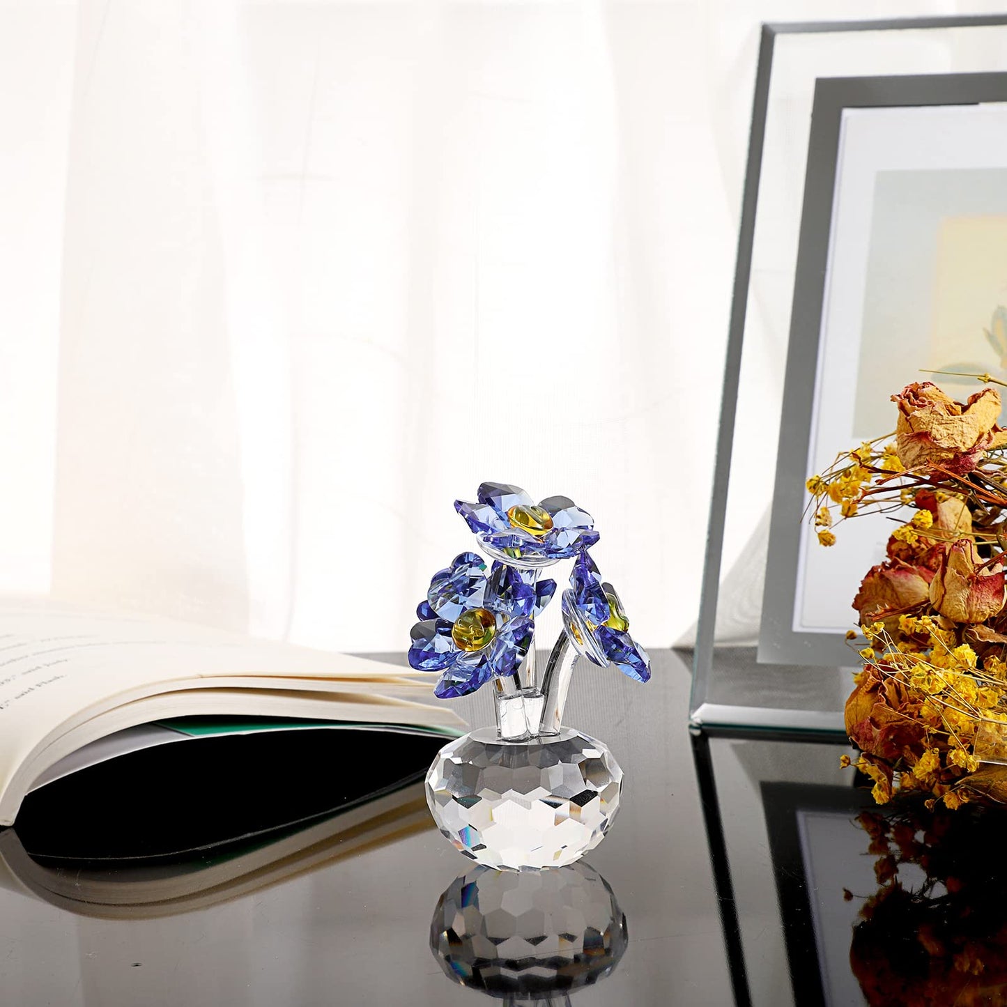 OwnMy Blue Crystal Forget Me Not Flowers Figurines Collectibles Sparkle Crystal Forget-Me-Not Flowers Decor, Small Glass Flowers Paperweight Ornament for Home Office Tabletop