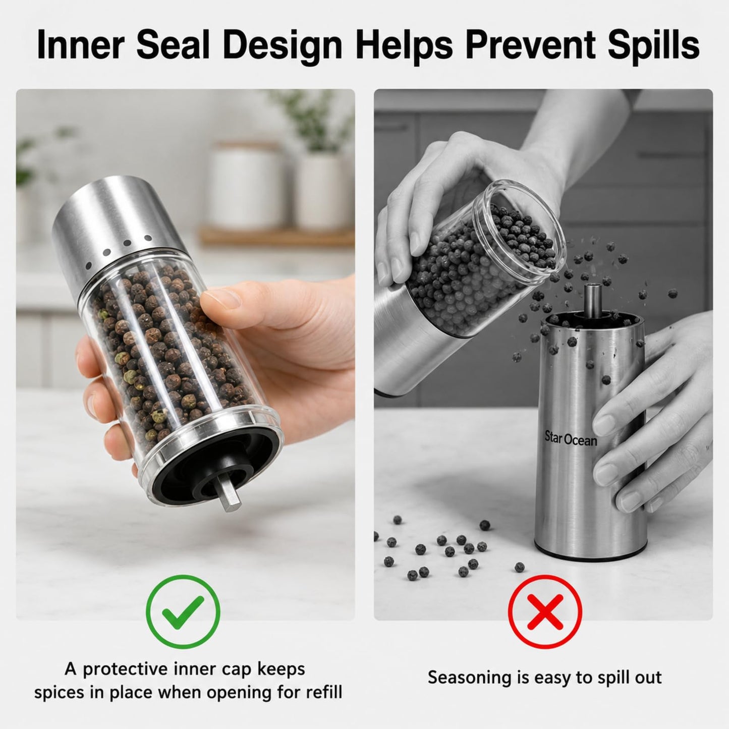 StarOcean Rechargeable Electric Salt and Pepper Grinder Set with USB-C Charging Base, Stainless Steel Automatic Gravity Grinders, 5 Adjustable Coarseness, Kitchen Gift