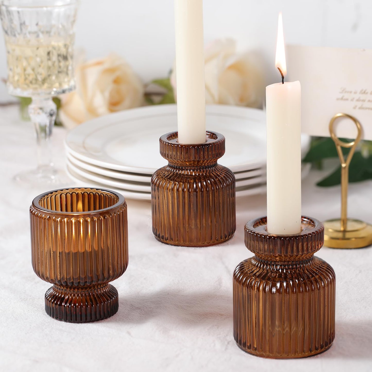 DARJEN 6 Pcs Amber Candlestick Holders - Glass Taper Candle Holders Tealight Votive Candle Holders for Table Centerpieces, Wedding, Dinner Party, Home, Gifts