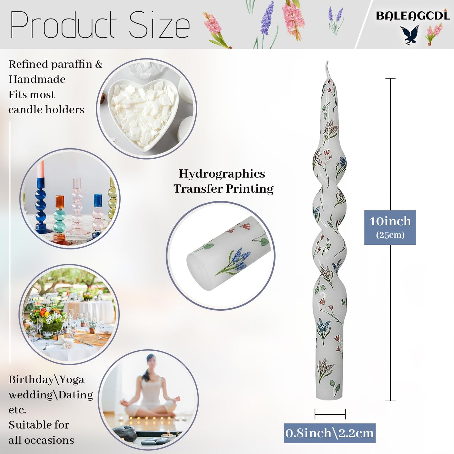 Printed Spiral Candlestick Hyacinth Floral Candle Sticks 10 Inch Long Taper Candle Handmade Twisted Candles for Home Wedding Holiday Party Decor & Gifts Set of 4