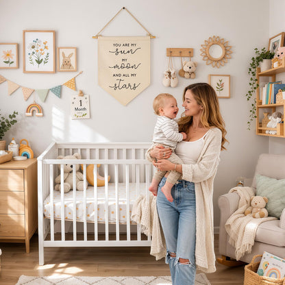 Nursery Wall Art-Nursery Bedroom Gift-My Sun My Moon and All of My Stars-Canvas Hanging Pennant Flag Banner Wall Sign Decor Gift for Baby Girl Boy Kids Room Playroom Decor