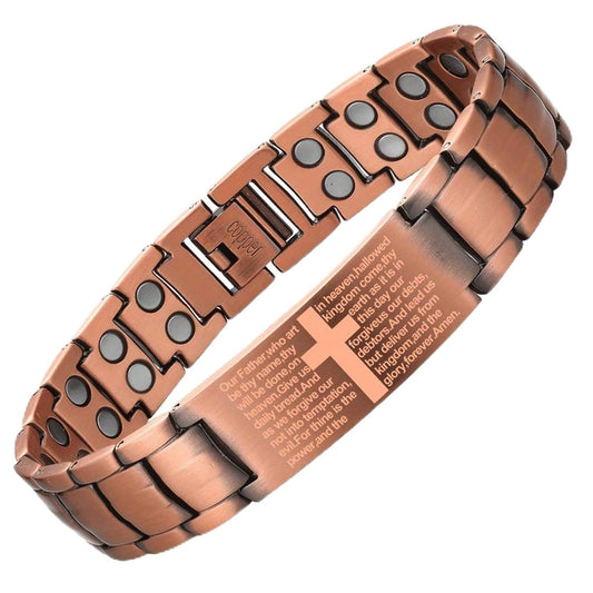Men’s Copper Christian Bracelet – Engraved Lord’s Prayer & Cross, Vintage Link Design, Adjustable Metal Bracelet for Daily Wear or Gift