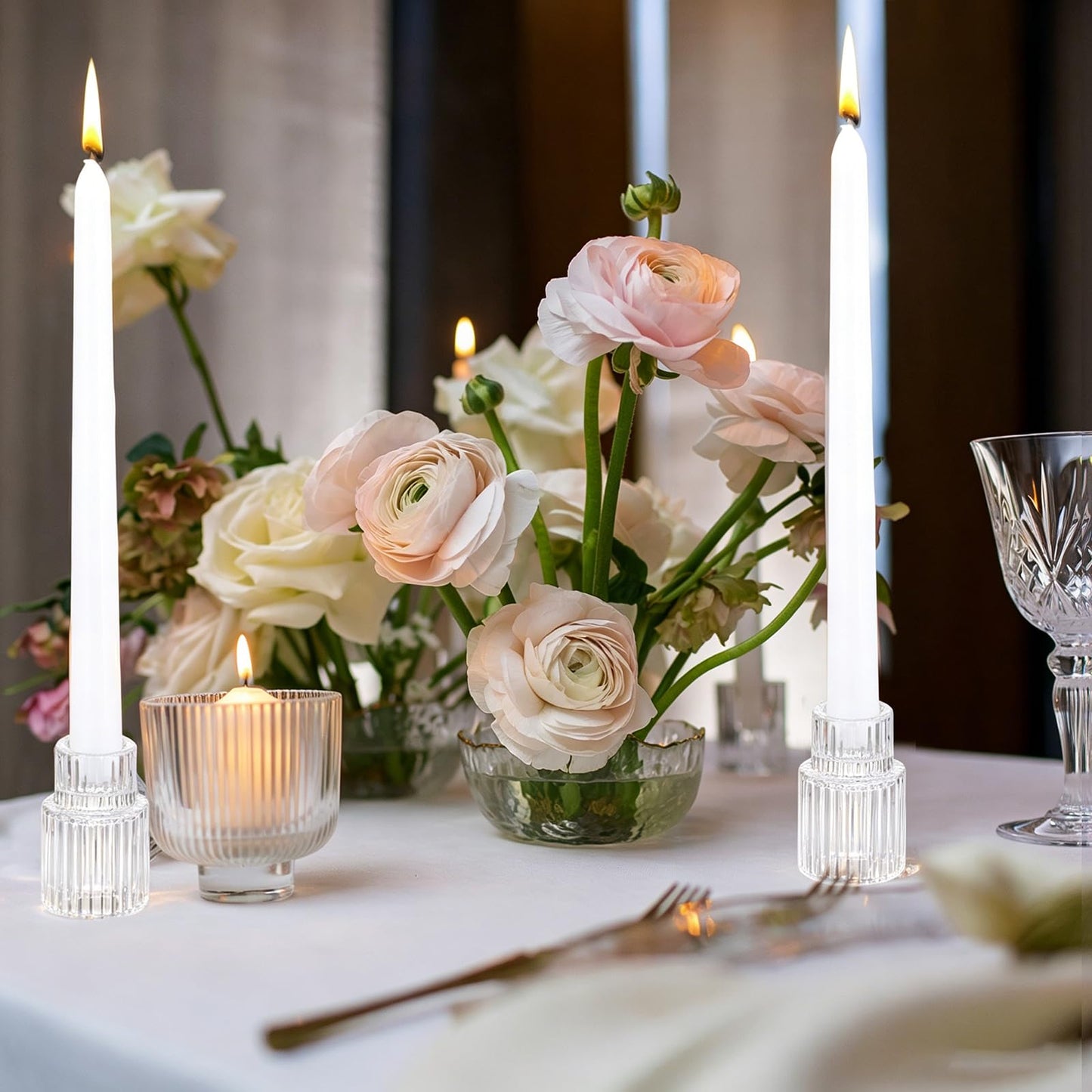 48 PCS Glass Taper Candle Holders Bulk Crystal Candlestick Holders Clear Ribbed Tapered Candle Stick Holder Decor Set for Table Centerpiece Wedding Party Advent Christmas Home Decoration (48, Clear)