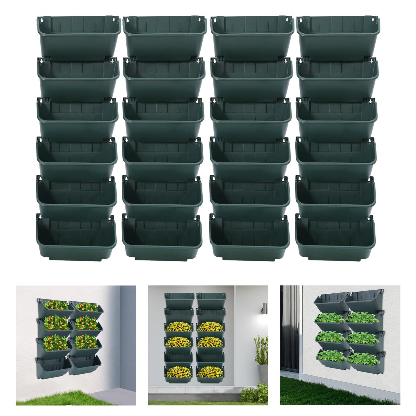 Eapmic Vertical Wall Planter with 24 Pots, Hanging Garden Plant Flowerpot Holder, Stackable Wall-Mounted Planter, Balcony Planters for Flowers Vegetables Fruits (Army Green, 24 Pots)