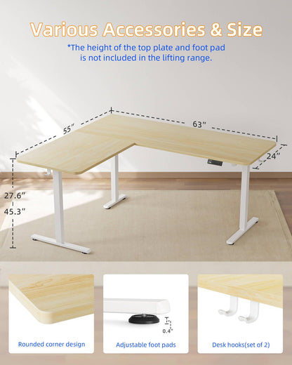 YIHAYO L Shaped Standing Desk Adjustable Height, 63 x 55 Inches Electric Corner Standing Desk with Splice Board, Computer Desk for Home Office, Natural