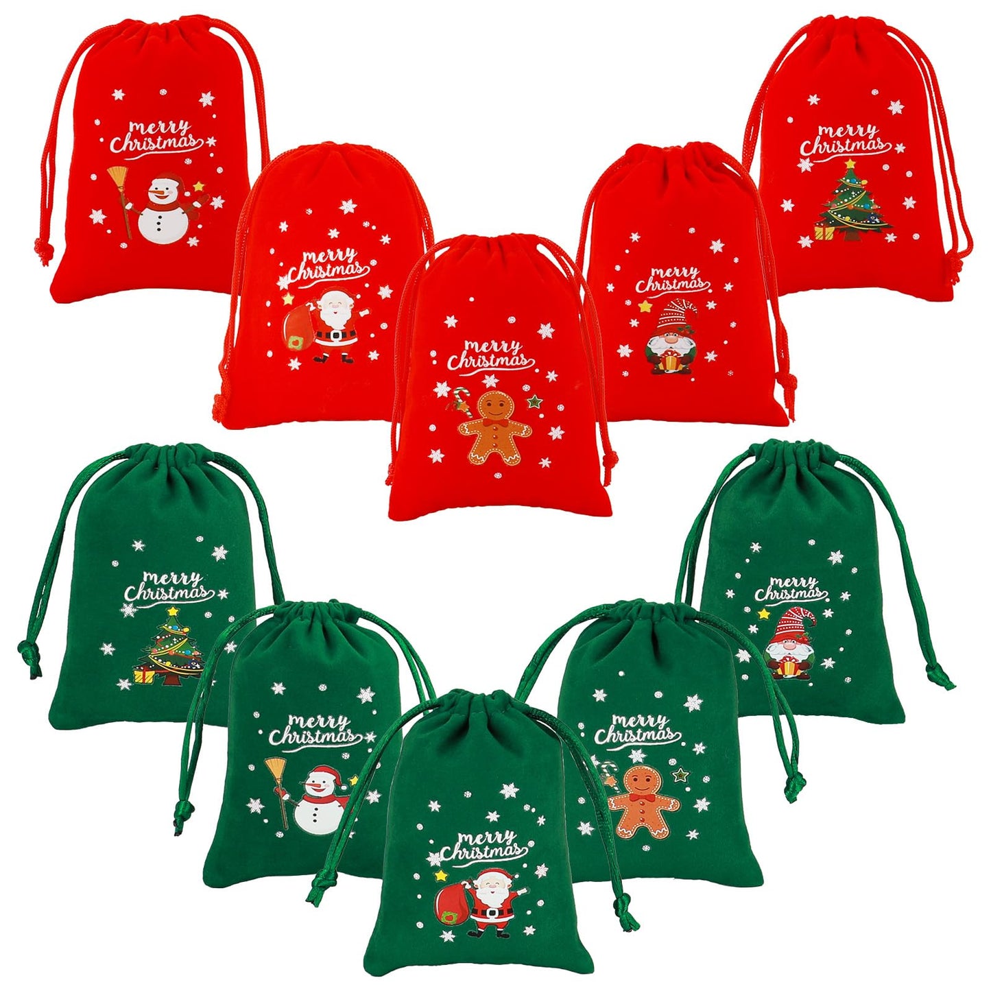 Tapleap Christmas Bags with Drawstring - 10Pcs 3x4 Red and Green Velvet Cloth for Wrapping Dice, Jewelry, Party Favors or Gifts for Friends, Children, Customers