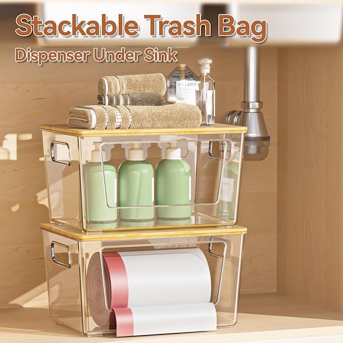 2 Pack Trash Bag Holder with Bamboo Lid, Stackable Trashbag Dispenser, Extra
