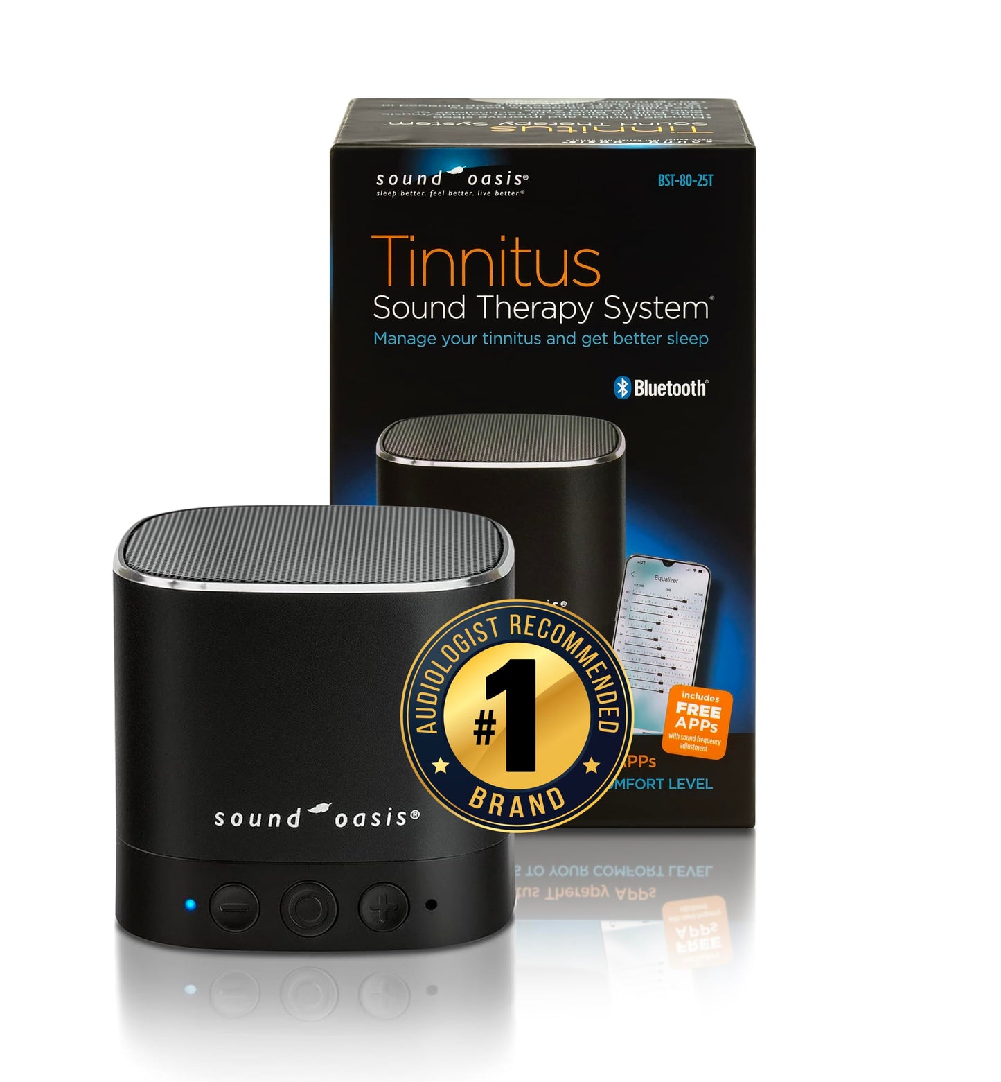 Sound Oasis® Bluetooth® Tinnitus Sound Therapy System® - Sleep Better, Manage and Mask Tinnitus, 25 Built-in Sounds for Tinnitus Relief, 12-Hour Sound Duration