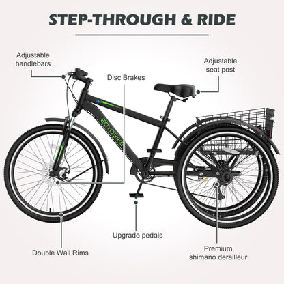 H&ZT Adult Tricycle, 3 Wheeled Bike, Trike Cruiser Bike, with 7-Speed Gear, Parking Brake Handle, Low Step, Large Rear Basket, Elderly Friendly, for Men, Women, and Teens