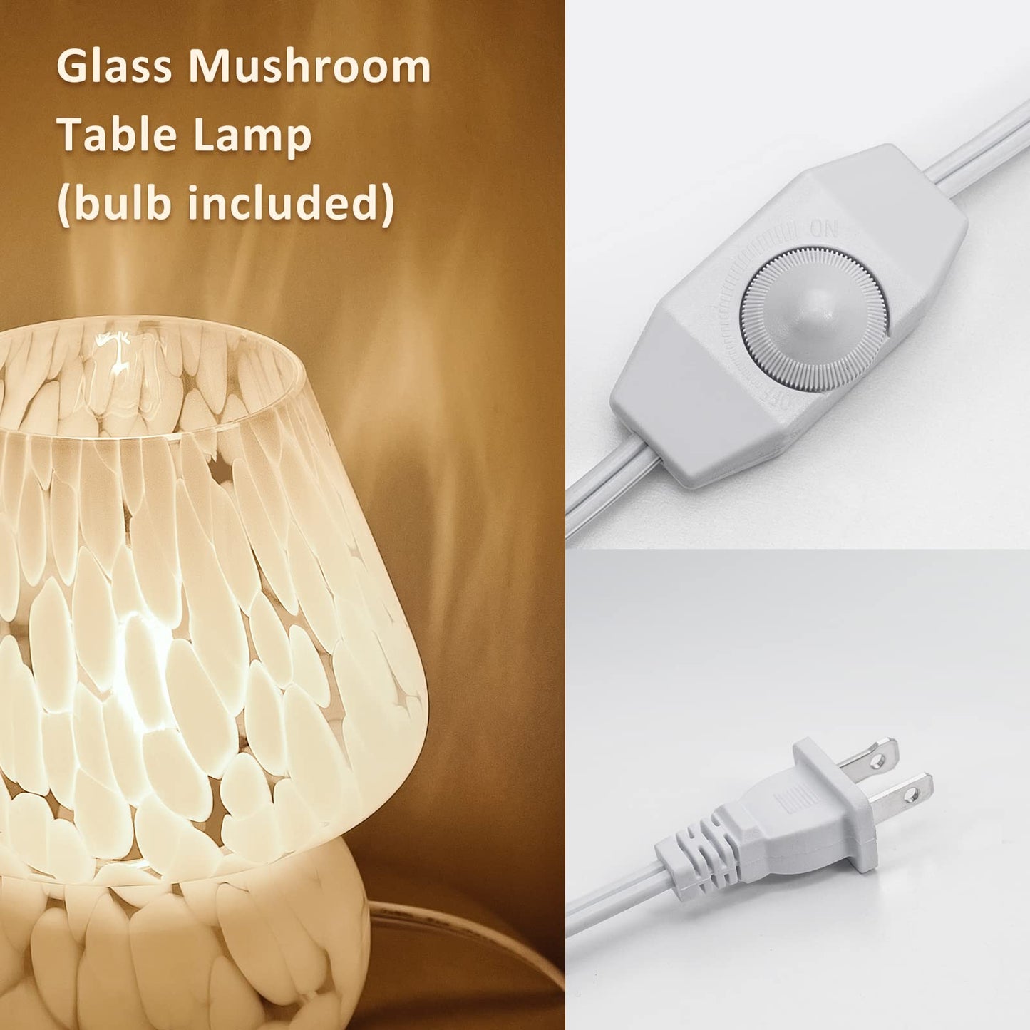 ONEWISH Cute Mushroom Lamp Small Bedside Table Lamp Set of 2 Stepless Dimmable, Translucent Glass White Nightstand Lamp for Bedroom Dorm Kids Room Living Kitchen, Murano Aesthetic Home Decor