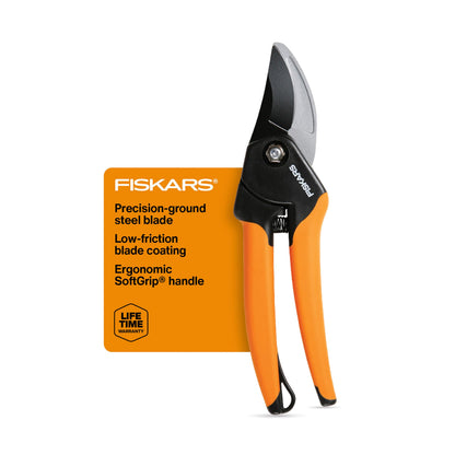 Fiskars SoftGrip Bypass Pruning Shears, 5/8” Cut Capacity Gardening Scissors for Right and Left-Handed Use, Steel Blade with Low Friction Coating, Rust Resistant Garden Clippers for Stems & Branches