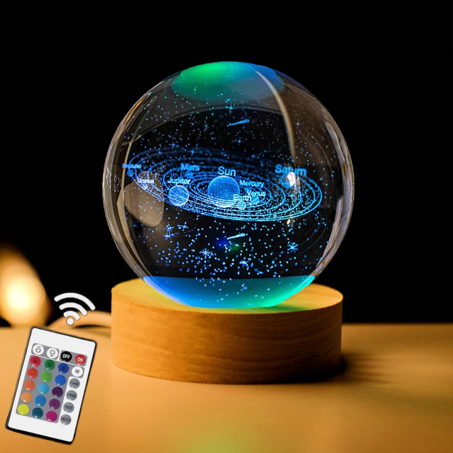 AOFEGRLT Solar System 3D Crystal Ball with LED Stand, Remote Control, 16 Colors Change, Galaxy Glass Sphere Lamp, Decorative Glass Ball Paperweight Gifts(80mm)