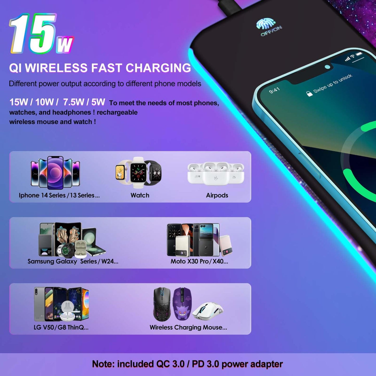 ToLuLu Wireless Charging RGB Gaming Mouse Pad, 15W LED Mouse Mat with 30W Charger, 14 Light Modes Large Mousepad with Wrist Support, Non-Slip Rubber Base Desk Mat Computer Keyboard Pad, Galaxy Nebula