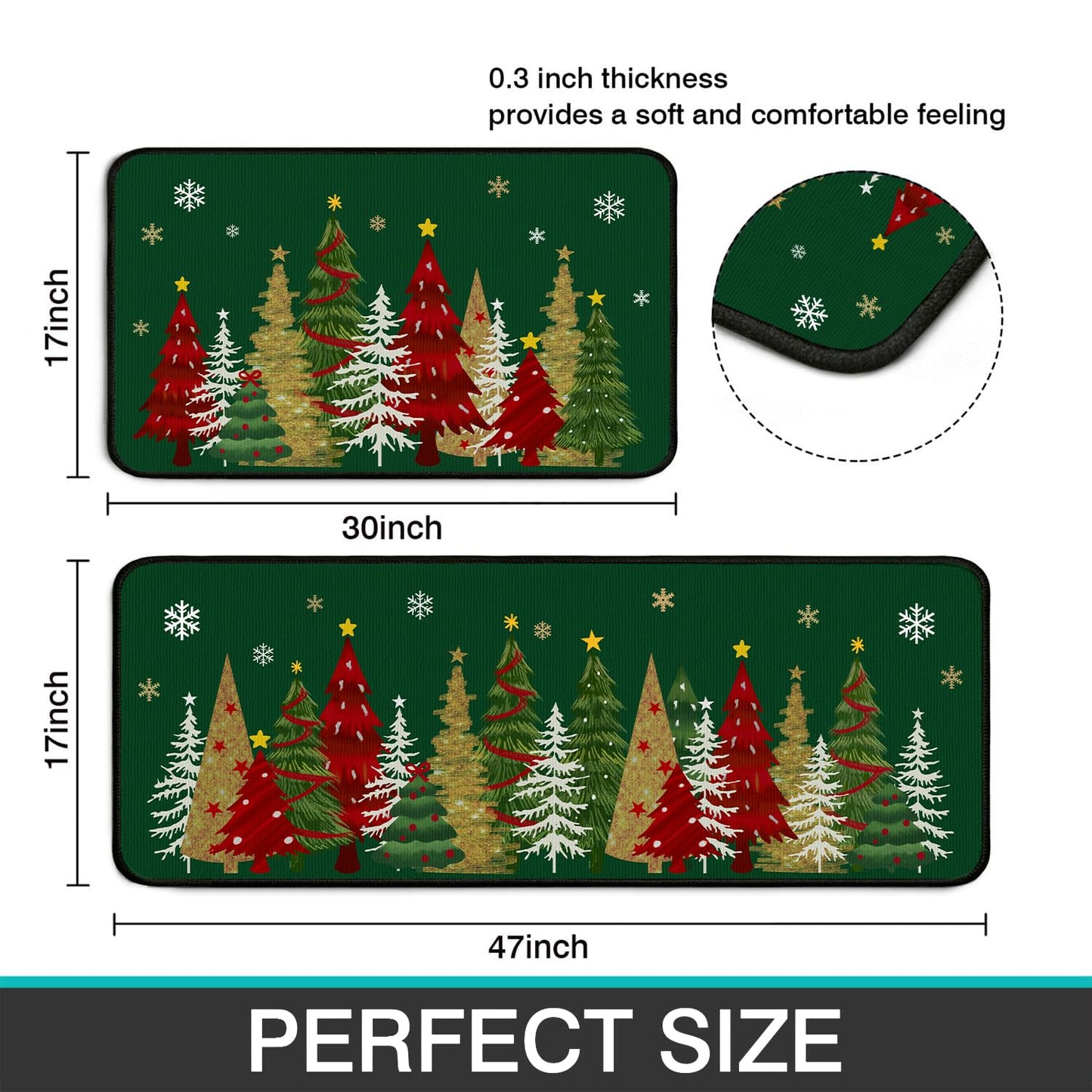 Lingcetger Christmas Kitchen Mats for Floor,Xmas Tree Kitchen Rugs Sets of 2,Green Christmas Non-Slip Kitchen Decor Floor Rug Home Decoration Doormat