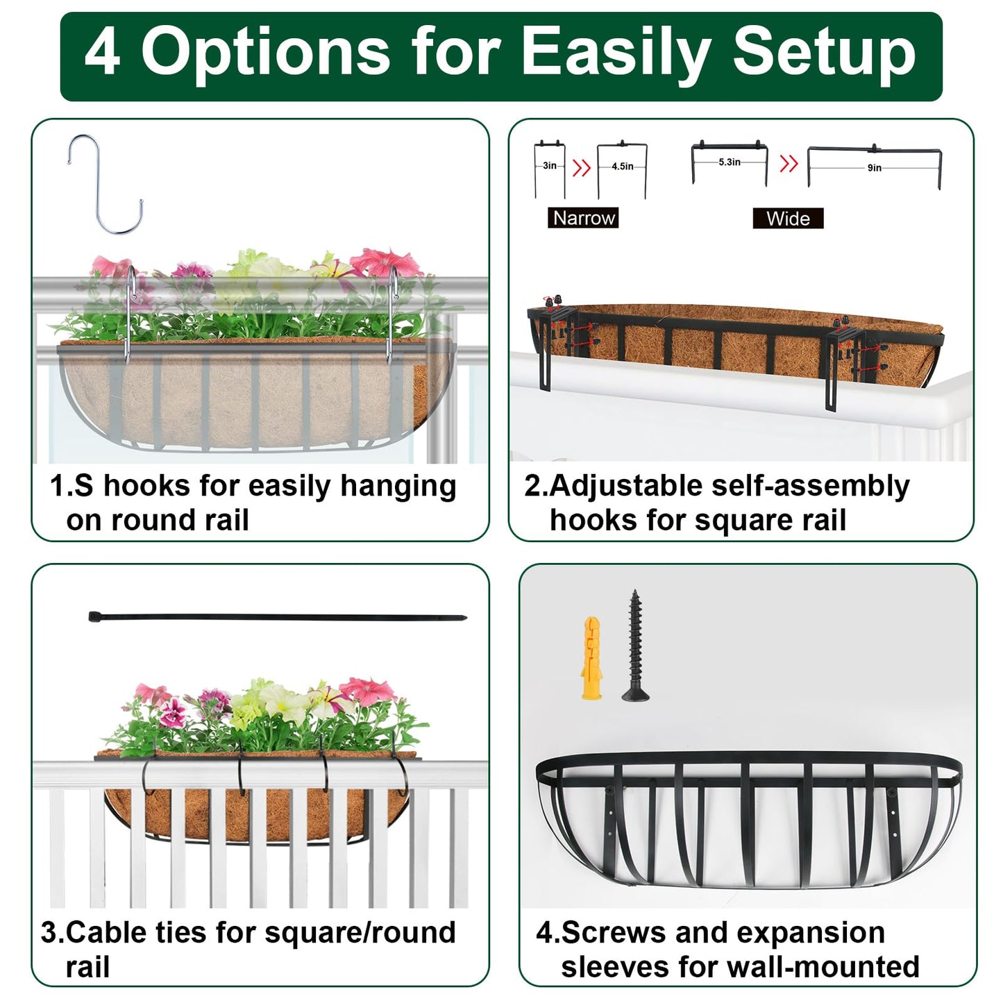 DUNCHATY 24 Inch Railing Planter 2 Pack - Adjustable Metal Window Box Planter with Coco Liner for Deck Balcony Porch Fence - Outdoor Hanging Flower Basket for Herbs & Flowers