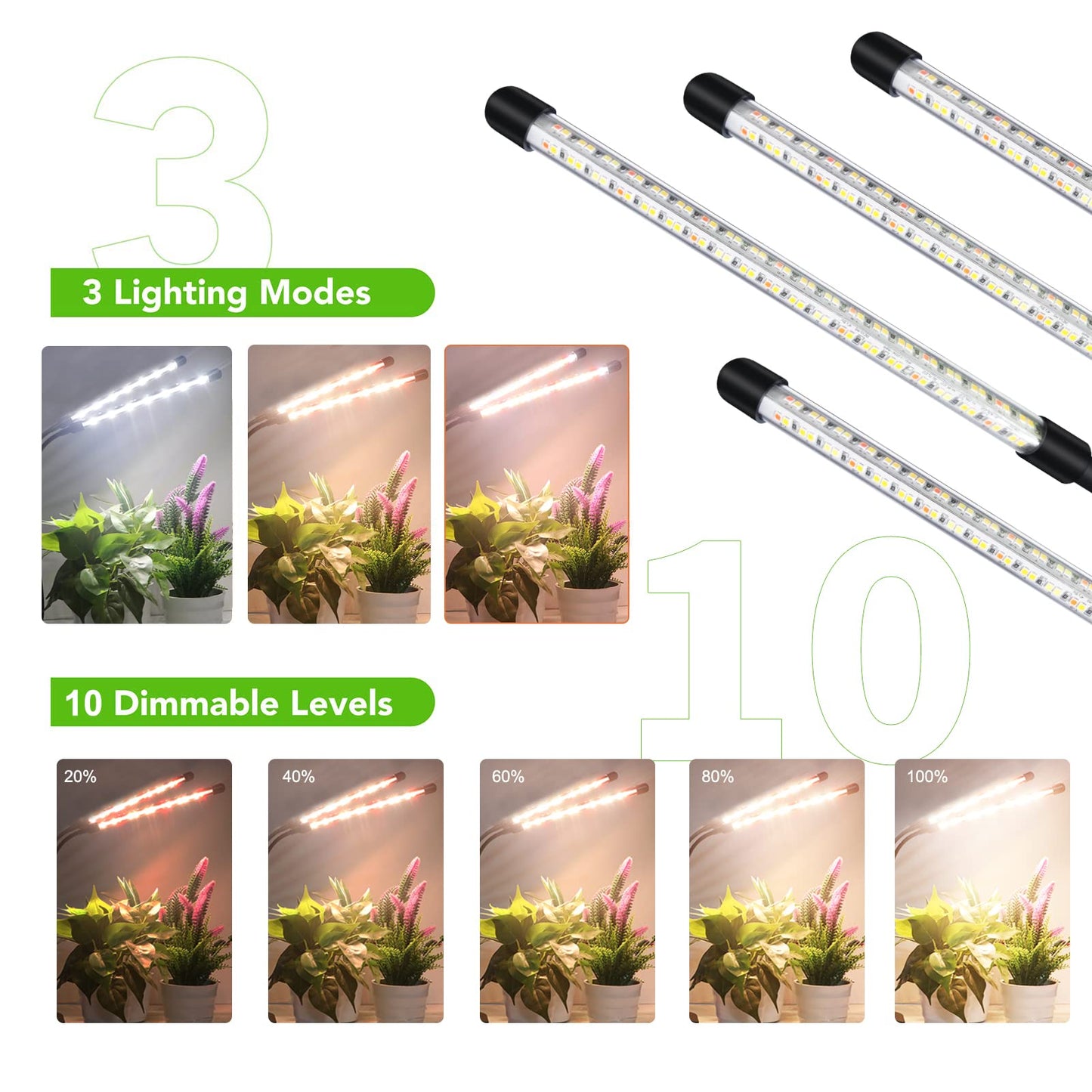 GROWSTAR Plant Lights for Indoor Growing, Full Spectrum 4 Heads Clip Grow Lamps with 10 Feet Cables for Seeding Blooming and Fruiting(2 Pack)