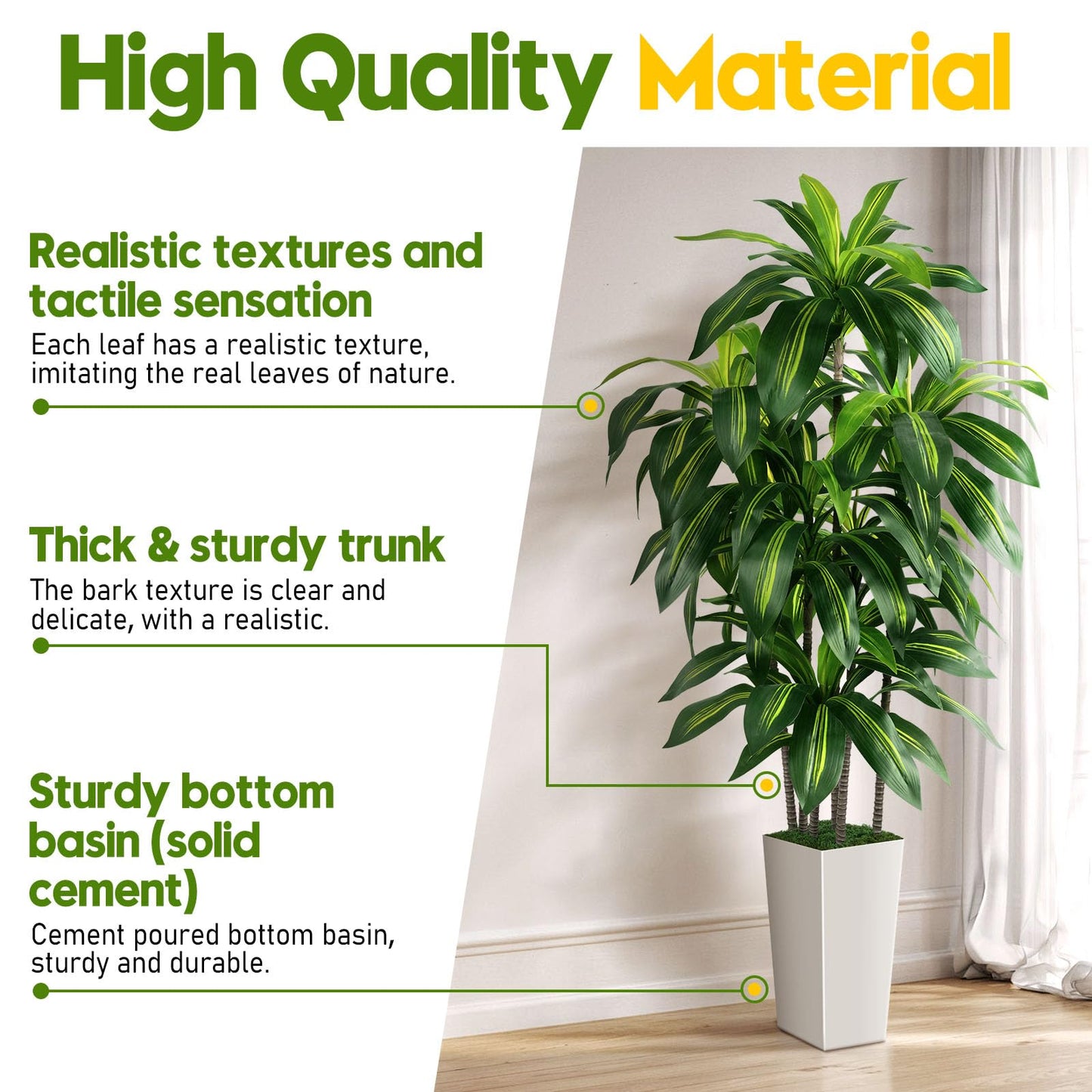 Artificial Dracaena Tree Indoor, 5FT Tall Fake Tree with White Tall Planter, Artificial Tree Fake Yucca Potted Tree for Home Office Living Room Decor, Tall Artificial Plant for Housewarming