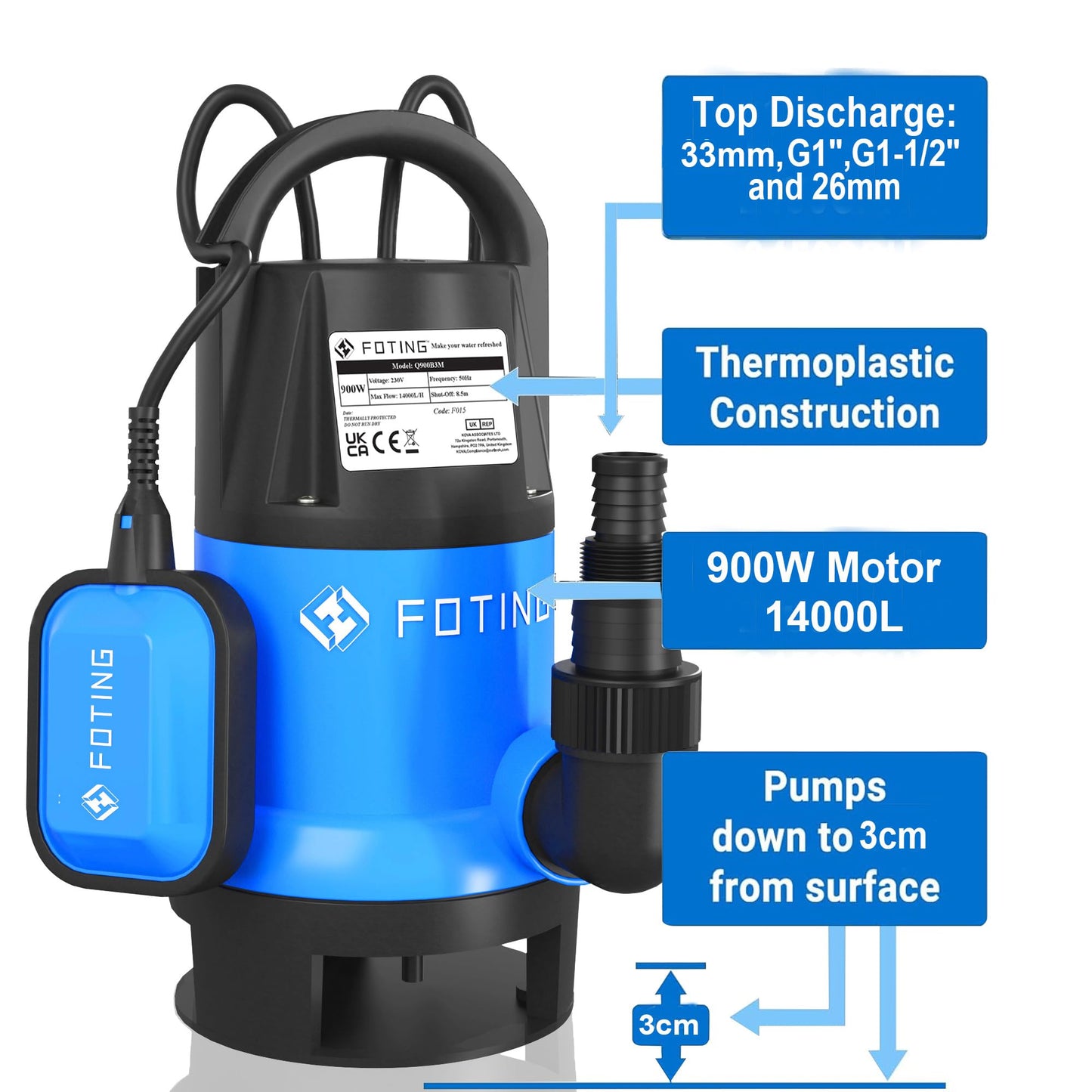 FOTING 900W Submersible Water Pump for Dirty/Clean Water, 14000 L/H Electric Sump Pump with Float Switch, Portable Water Pump to Empty Pool, Drainage Pump for Garden Pond, Pools, Hot Tub, Ditches
