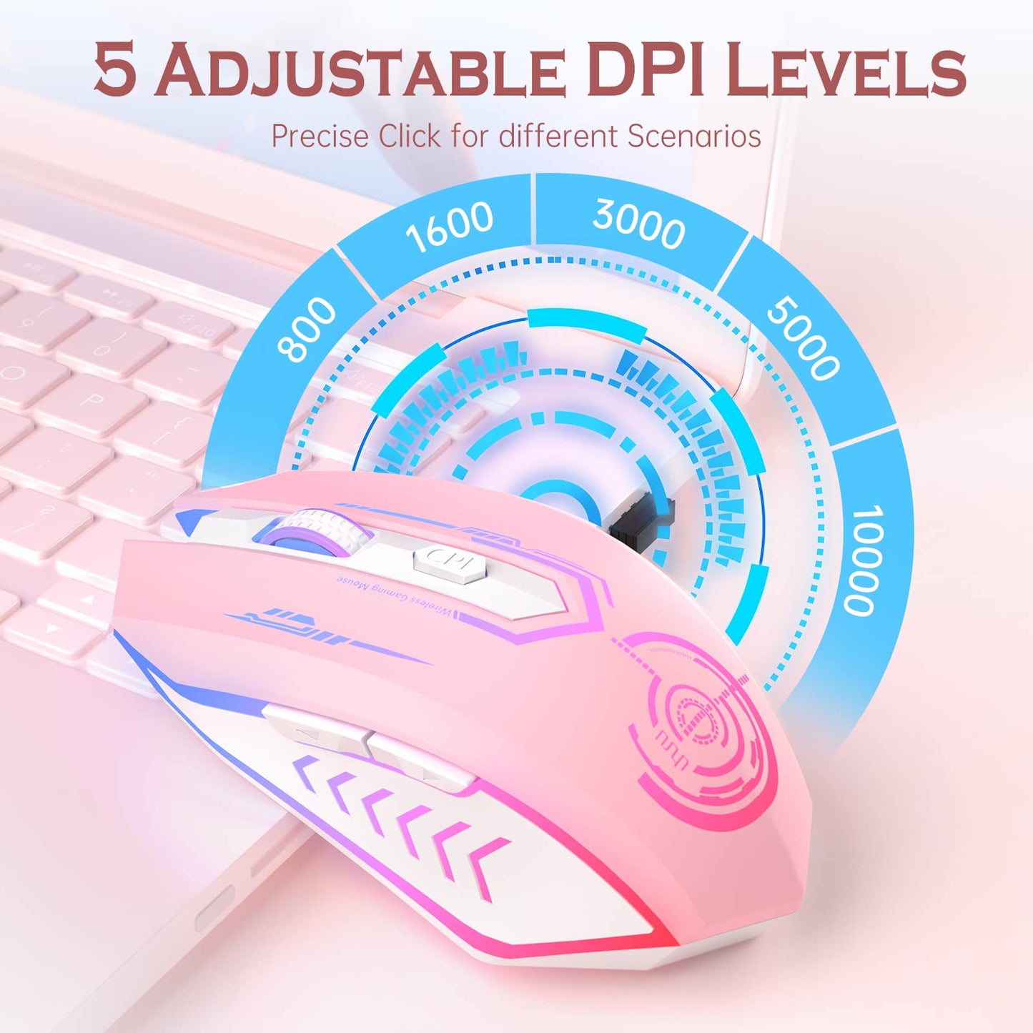 UHURU Wireless Gaming Mouse Up to 12000 DPI, Rechargeable USB-C Wireless Mouse with 7 Buttons 7 Dynamic LED Color Ergonomic Programmable MMO RPG for PC Laptop, Compatible with Windows Mac