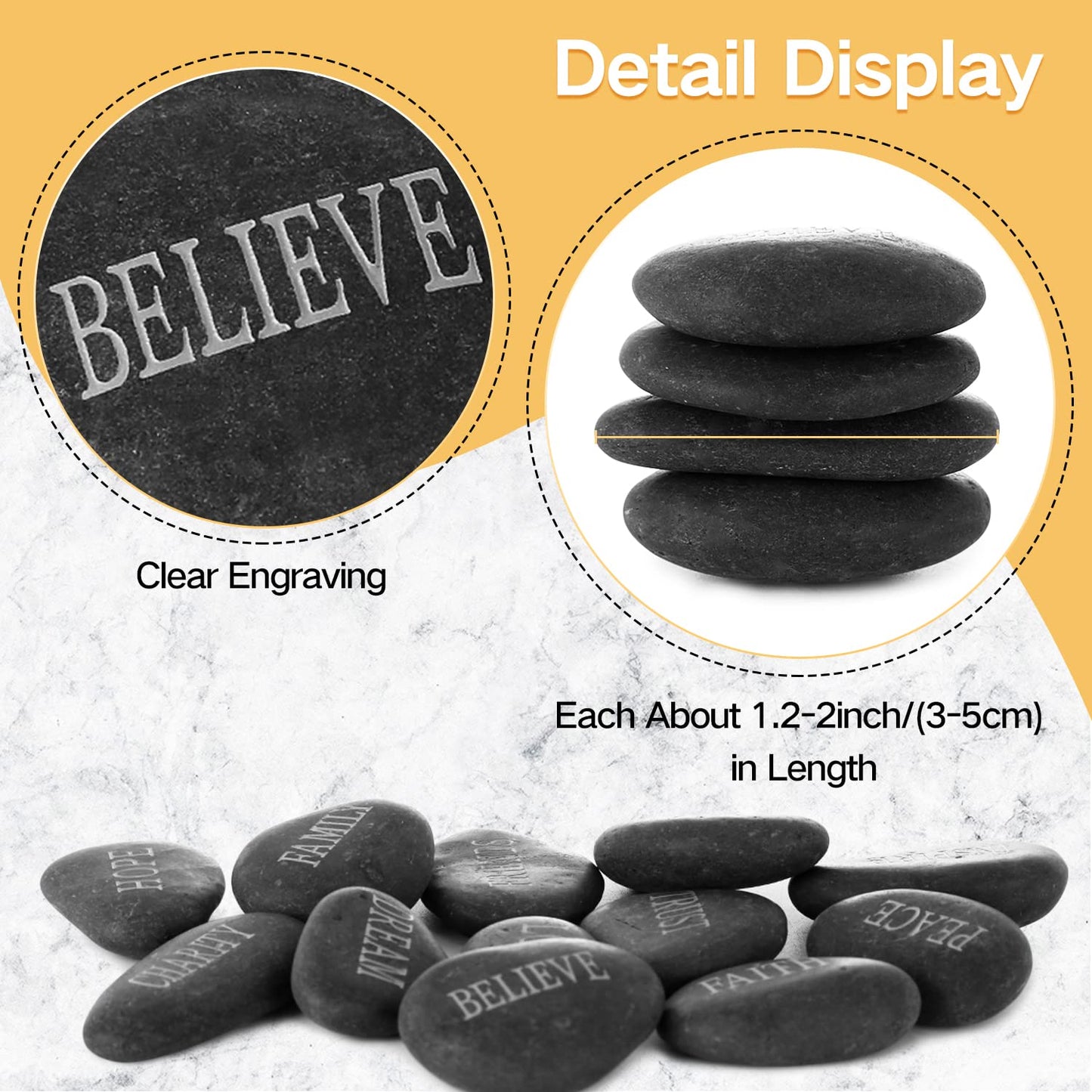 12PCS DIY Rocks for Engraved Inspirational Polished Garden Stones, Natural Encouragement Personalized Healing Decor River Stone - Unique Gift for Friends Arts Crafts (12 Different Words) (Black)