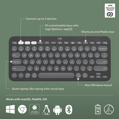 Logitech Pebble Keys 2 K380s, Multi-Device Bluetooth Wireless Keyboard with Customisable Shortcuts,Slim and Portable,Easy-Switch for Windows/macOS/iPadOS/Android/Chrome OS, QWERTY UK Layout, Graphite