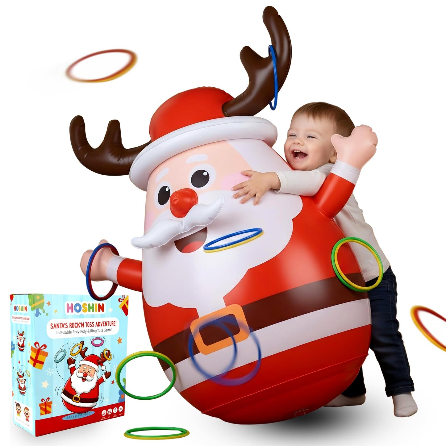 Inflatable Santa Reindeer Ring Toss Game with Wobbling Punching Bag, Christmas Party Game for Kids and Adults, Holiday Decoration