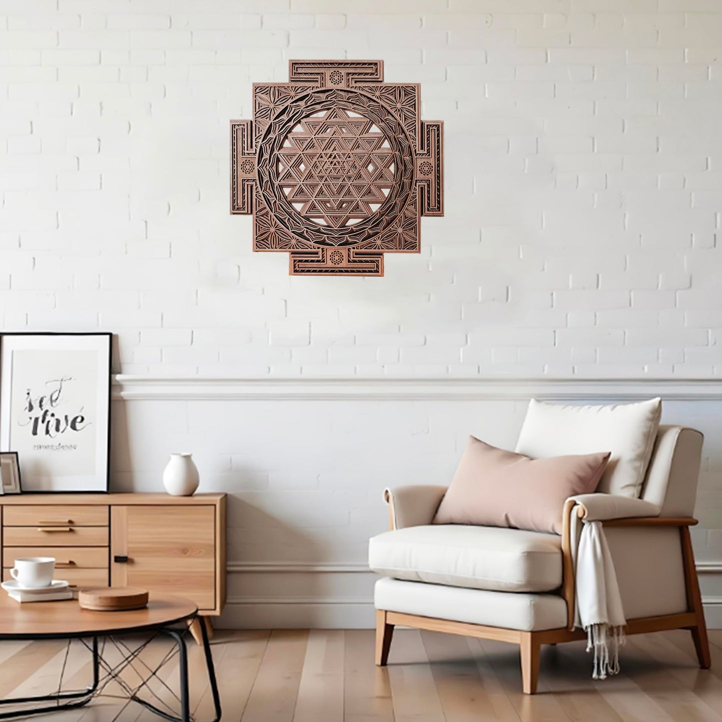 YIVFOX Handcrafted Sri Yantra Wall Art - Sacred Geometry Wood Carving for Spiritual Décor, Chakra Balancing and Meditation Space (11.8inch)