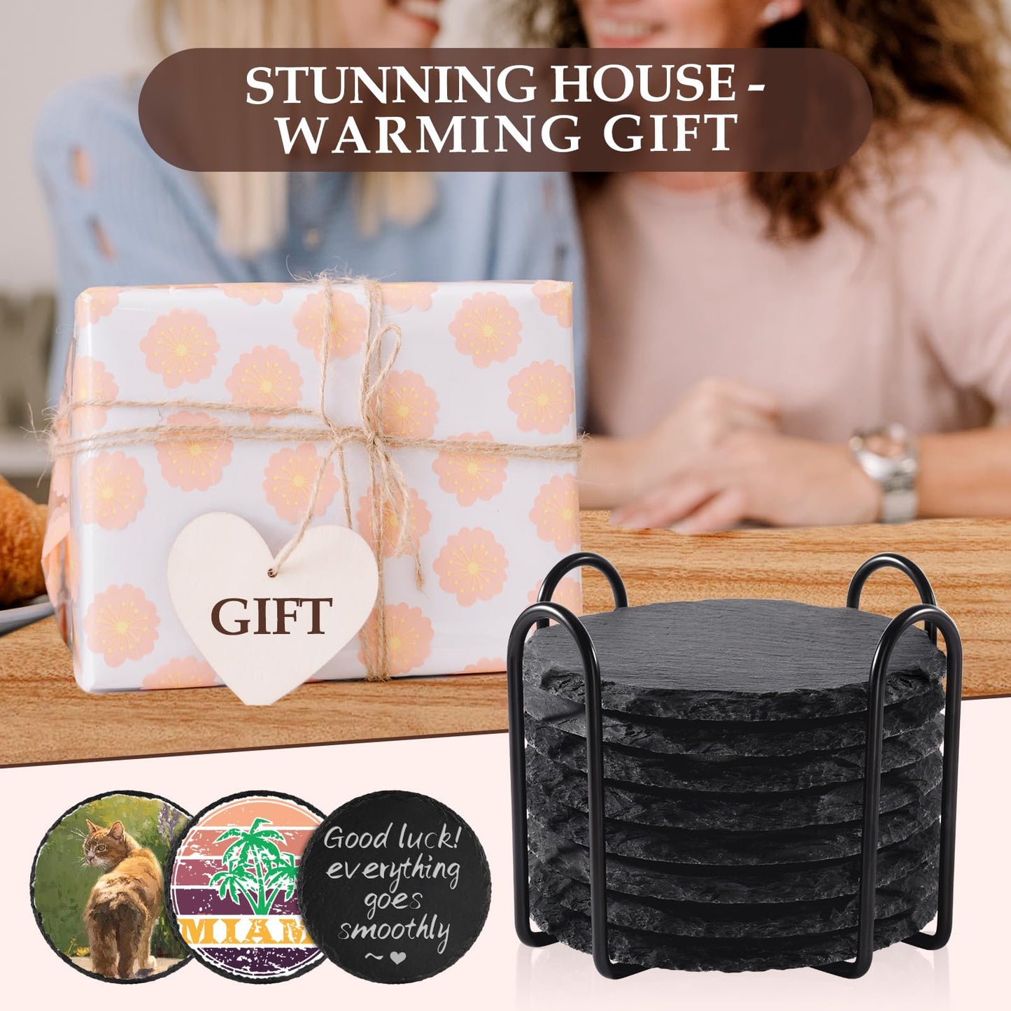 Slate Drink Coasters with Metal Holder, GOH DODD Set of 8 Black Coasters, 4 Inch Stone Coaster Set Tabletop Protection for Home Kitchen Apartment Bar Decor Housewarming Gifts Wedding Party, Round