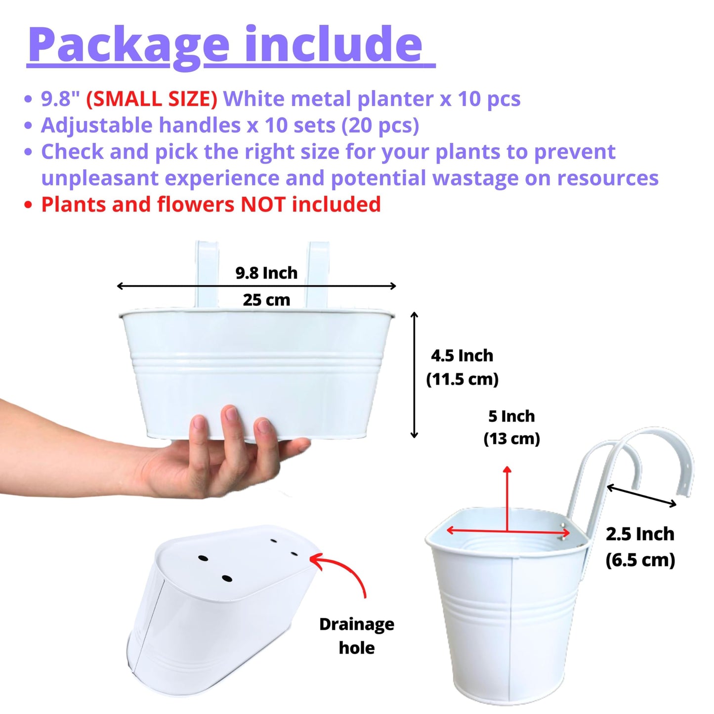 LaLaGreen Outdoor Rail Planter (10 Pack, 9.8 Inch) Small and Cute White Metal Iron Hanging Flower Pot Deck Railings Fence Buckets Countryside Style Wall Mount Window Box Plant Holder Hooks Porch Decor