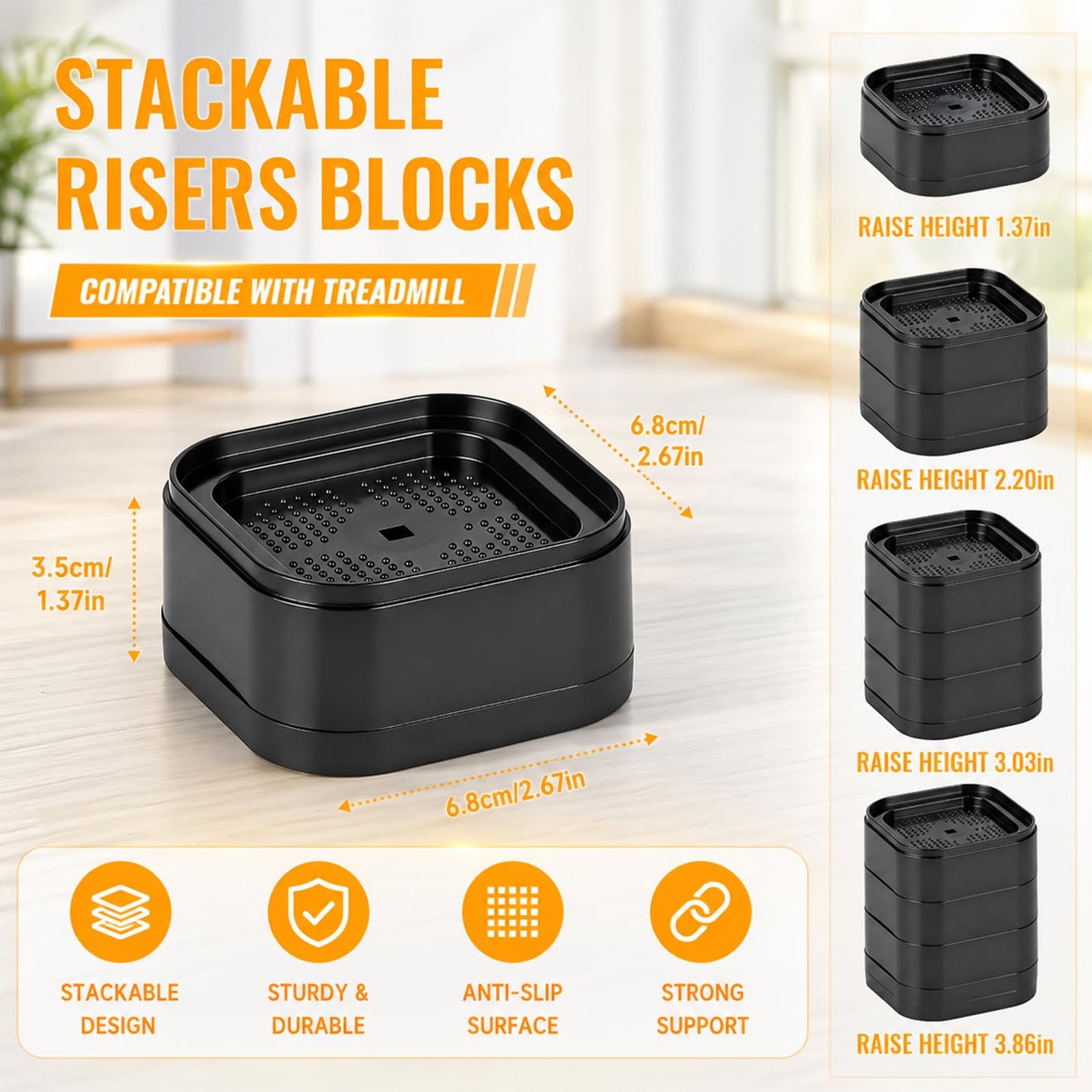 4-Pack Stackable Treadmill Incline Riser Blocks, Protect Floors,Non Slip, Protect Floors,Anti Vibration,Adjustable Height Block for Leveling and Uphill Workout for Home and Gym