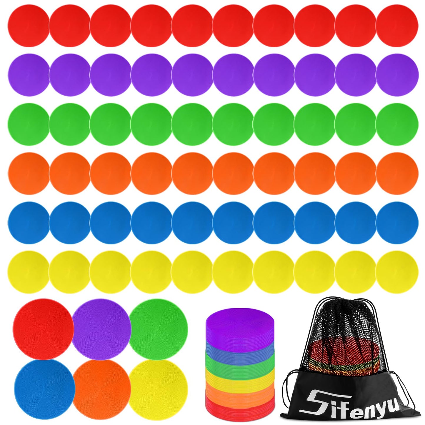 SIFENYU Poly Spots for Gym Floor 4.72inch 6inch 9 inch Poly Spot Markers, 60 Pcs Rubber Floor Dots Non Slip Flat Cones for Sports Soccer PE Training, Dance, Classroom Activities