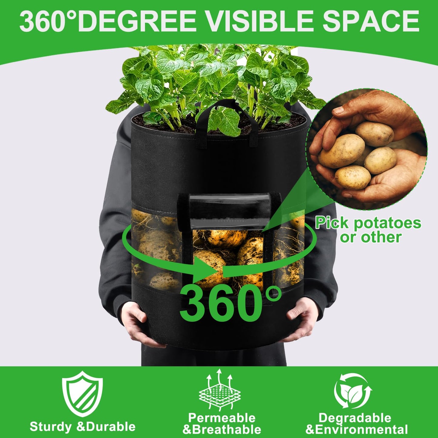3 Pack 10 Gallon 360°Visible Potato Grow Bags,Heavy Duty Thickened Nonwoven Fabric Planter Bags with 2 Clear Harvest Windows&Removable Shading Cover,Reinforced Handles,Vegetable Grow Bags with Labels