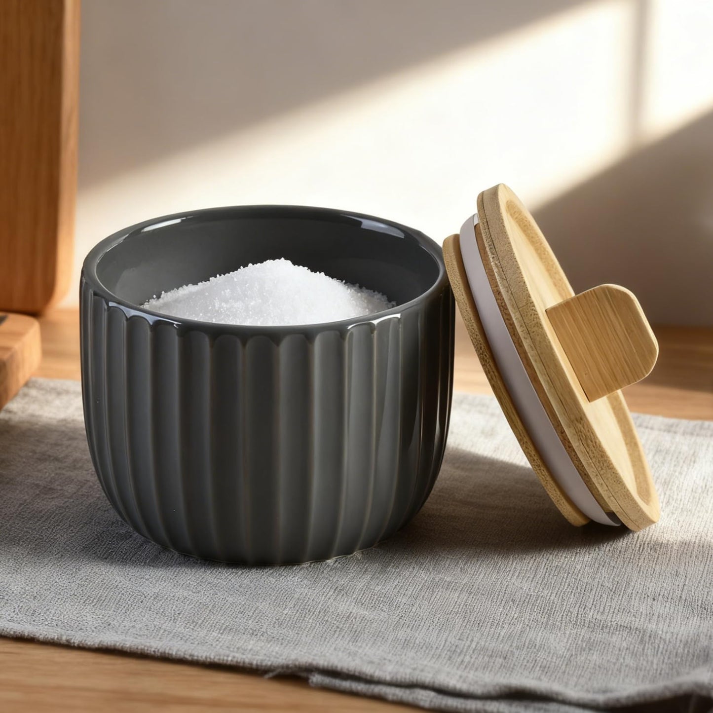 Lunavita Salt Cellar Keeper with Bamboo Lid, 14oz Big Capacity Ceramic Sugar Bowls Pepper Box, Crackle Glaze Seasoning Container Condiment Pot for Kitchen (Black Color)