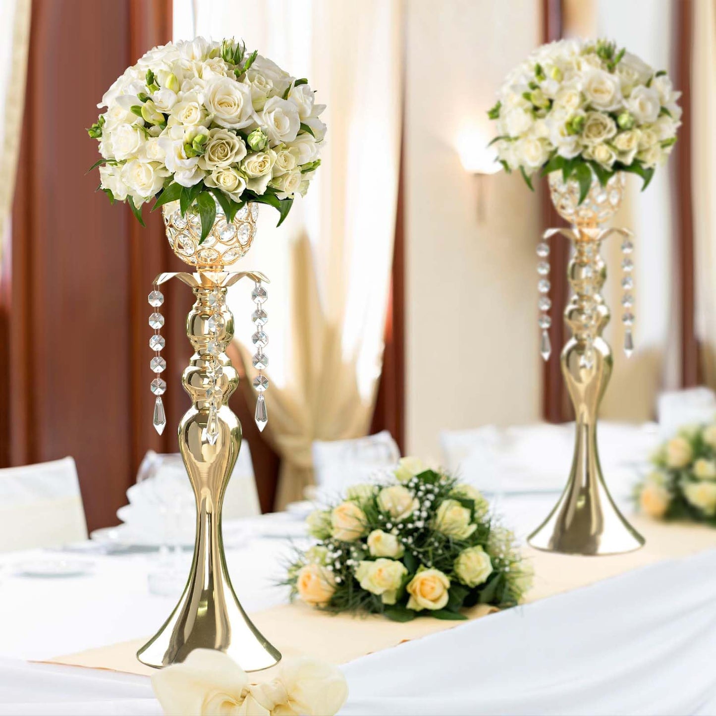 Kehail 2Pcs Gold Crystal Metal Vase Set - Tulip & Trumpet Wedding Centerpieces, Artificial Flower Arrangement Vases for Home Decor, Restaurant Table Displays