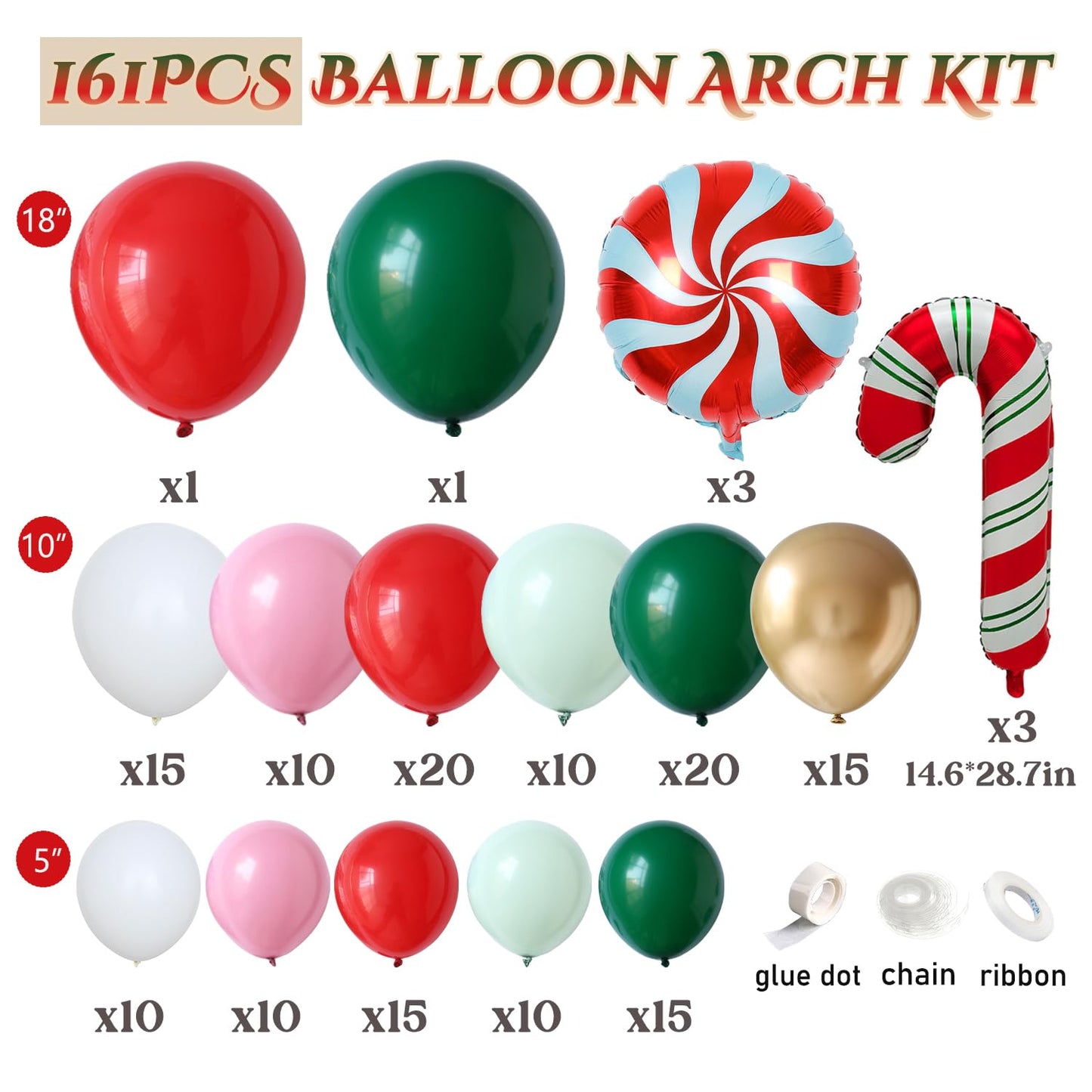 Tesochye Christmas Balloon Garland Arch kit, 161 Pcs Red Green White Pink Metallic Gold Balloons Candy Cane Foil Balloons for Xmas Christmas Party Decorations Candy Theme Birthday Baby Shower Supplies