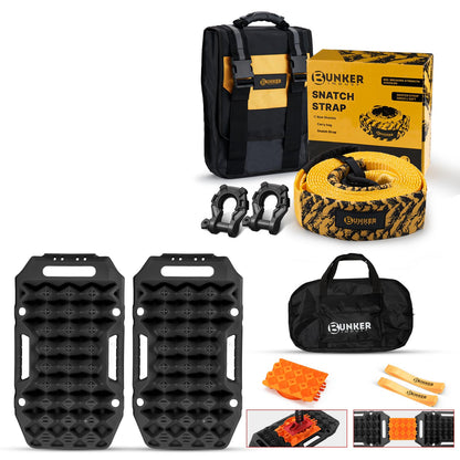 BUNKER INDUST Offroad Traction Boards with Jack Base (Gen 8) Black + Heavy Duty Tow Strap Recovery Kit